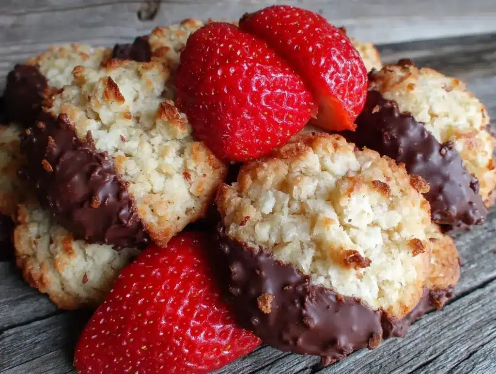 chocolate-dipped strawberry shortbread cookies - featured image