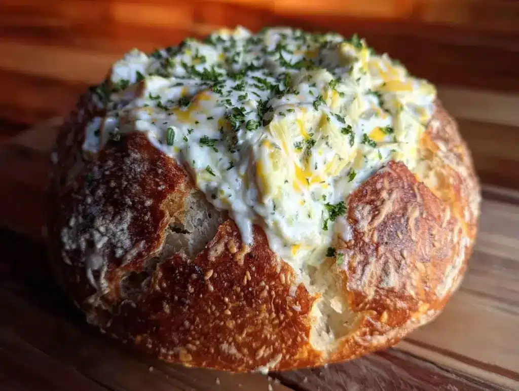 creamy spinach artichoke dip bread bowl - featured image