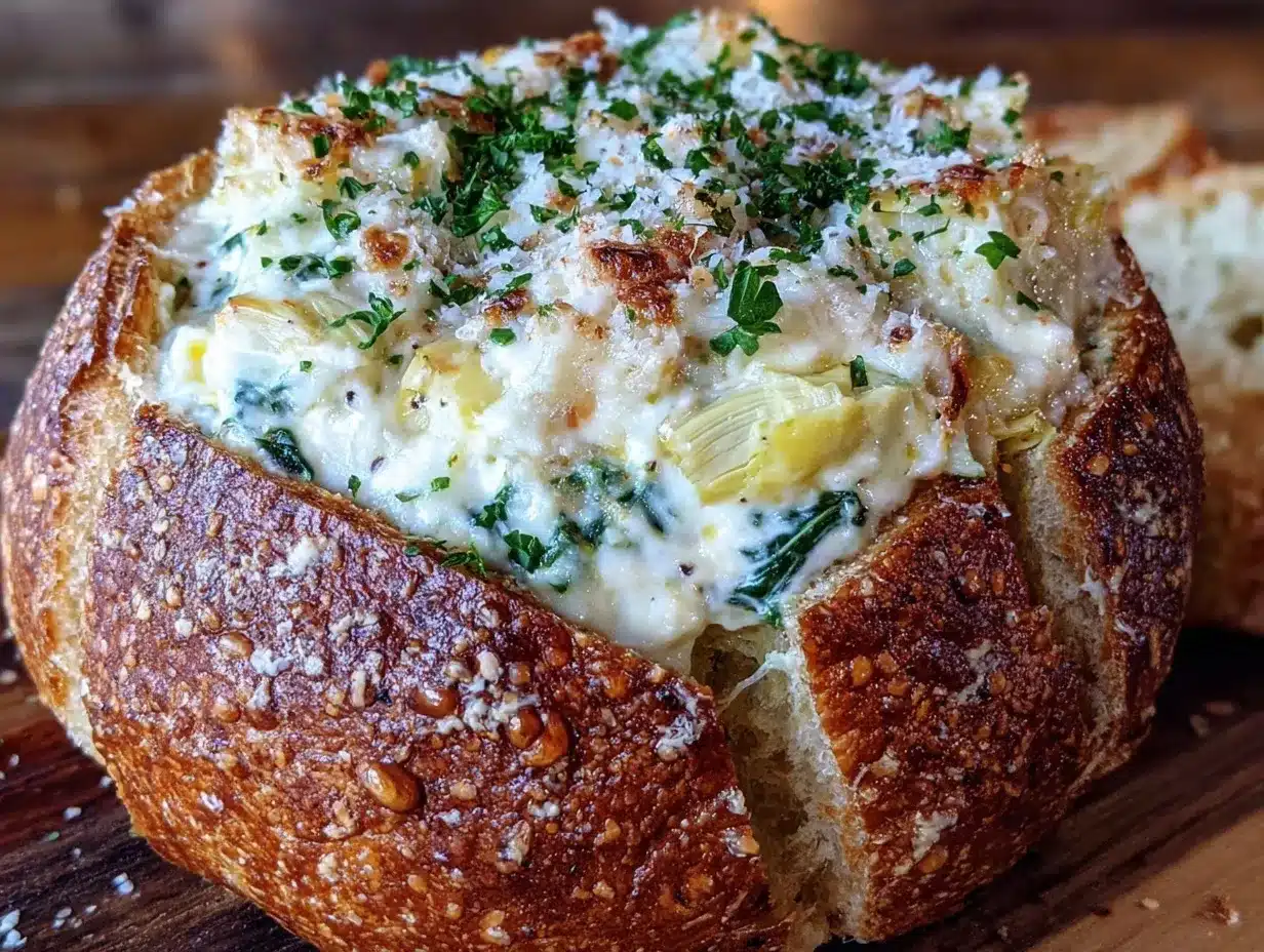 creamy spinach artichoke dip bread bowl preparation steps