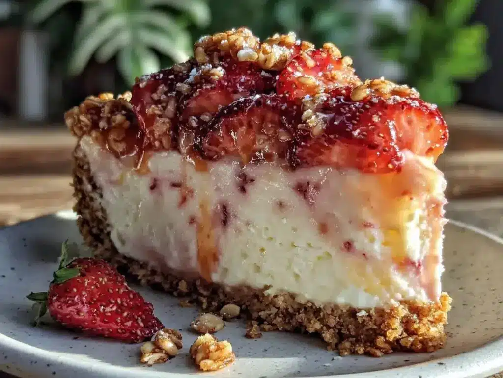 creamy strawberry crunch cheesecake - featured image