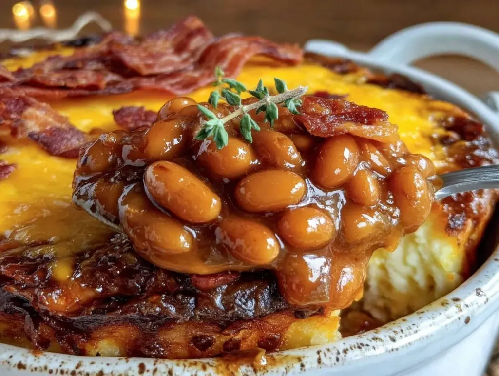 crispy bacon baked bean casserole - featured image