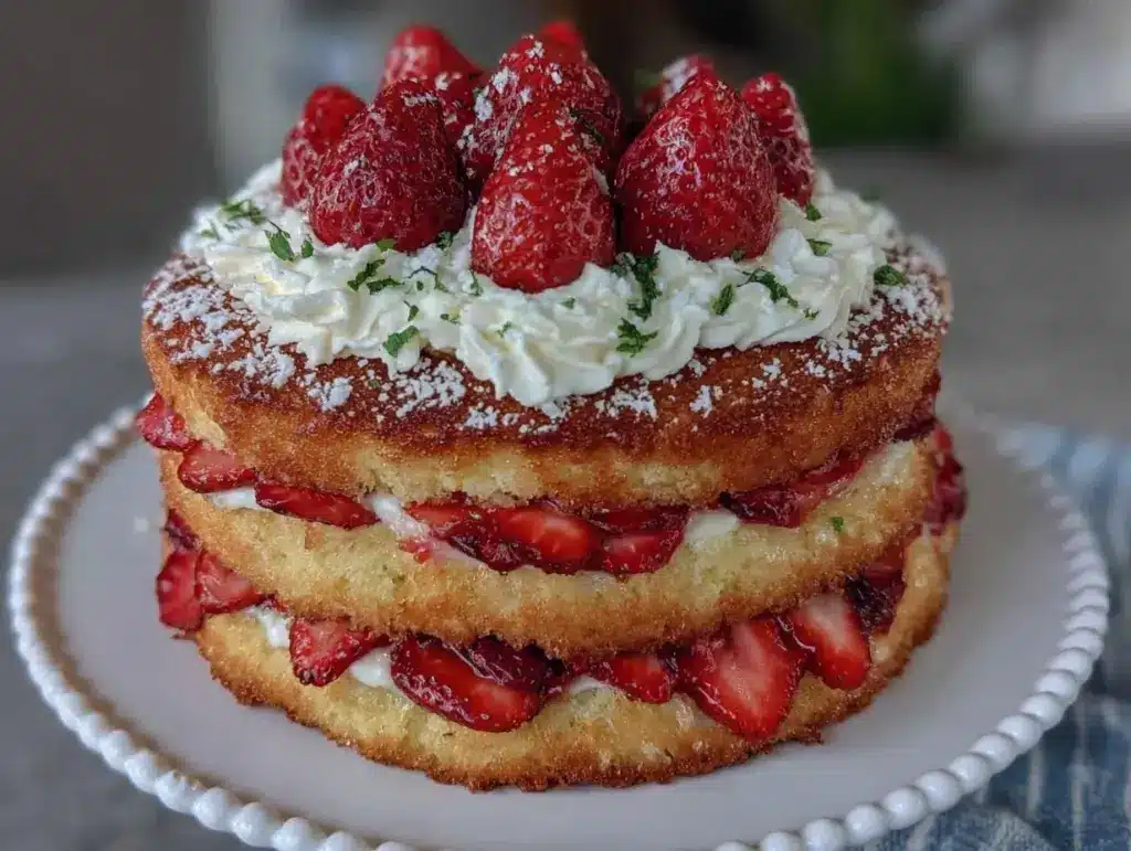 fluffy strawberry shortcake layer cake - featured image