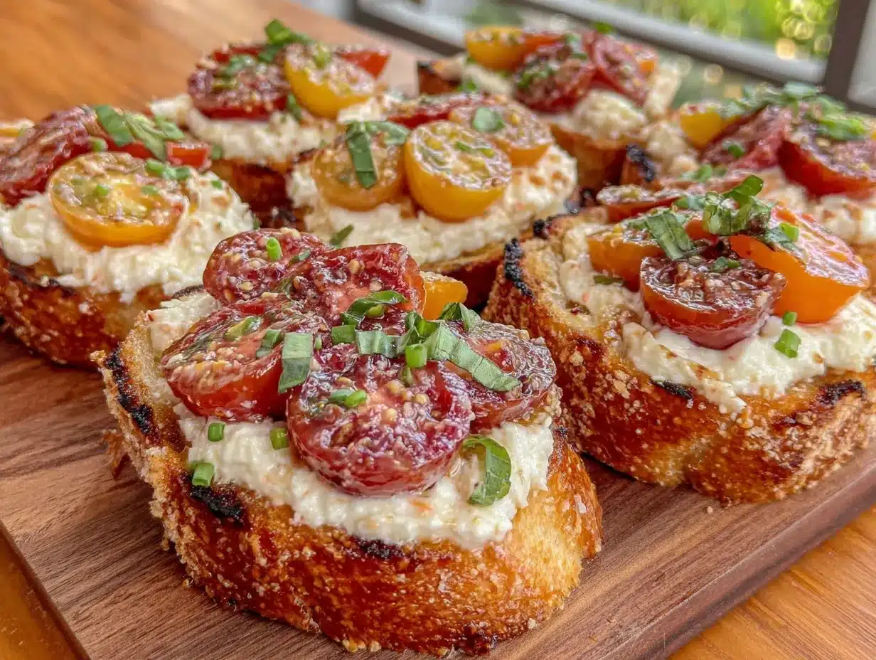 fresh bruschetta with creamy burrata and heirloom tomatoes preparation steps