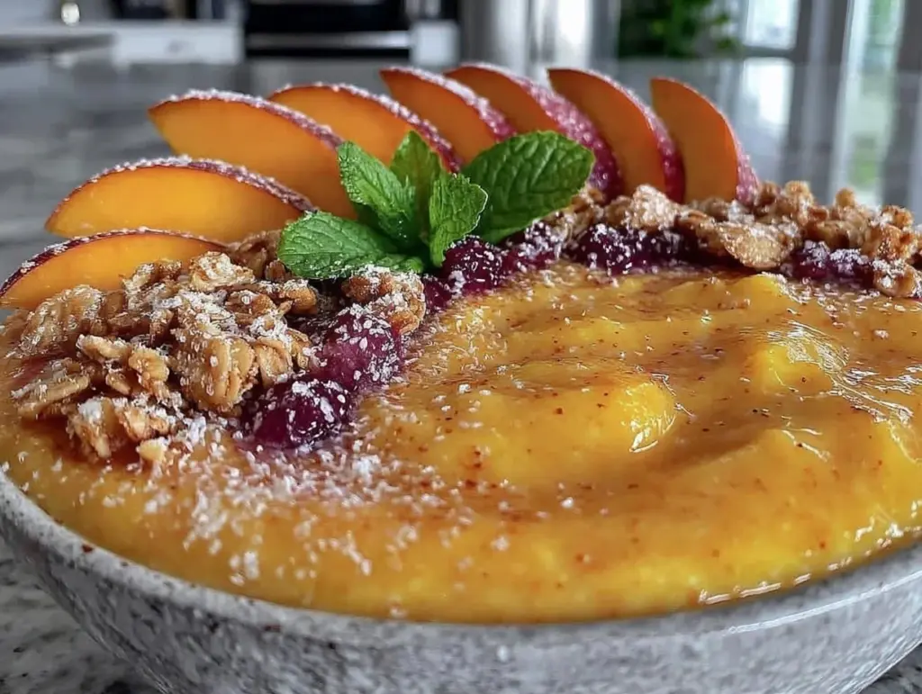 fresh peach mango smoothie bowl - featured image