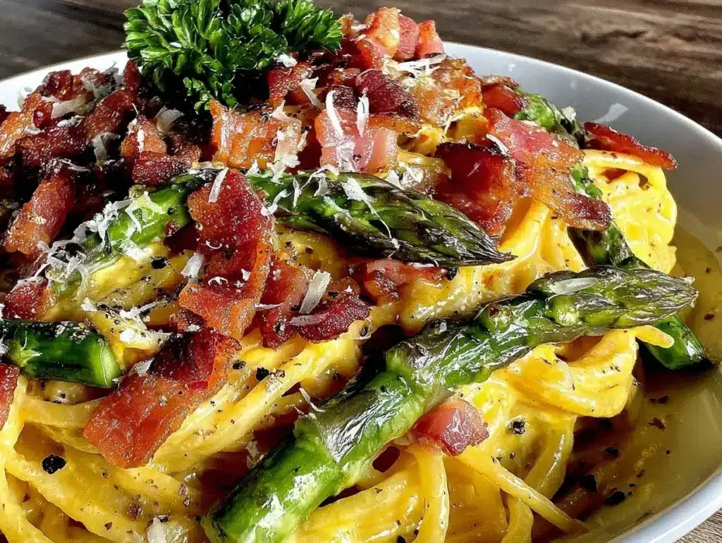 creamy asparagus carbonara - featured image