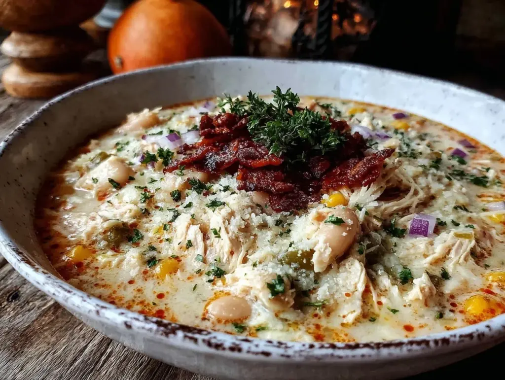 creamy crockpot white chicken chili - featured image