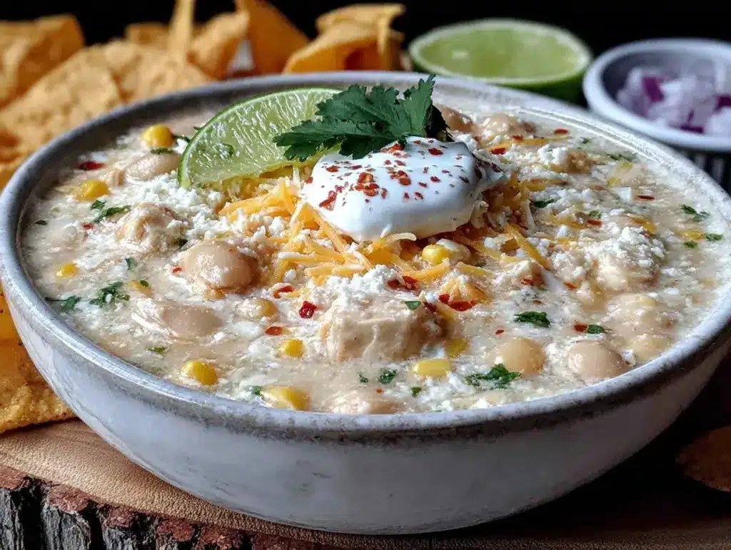 creamy crockpot white chicken chili - featured image