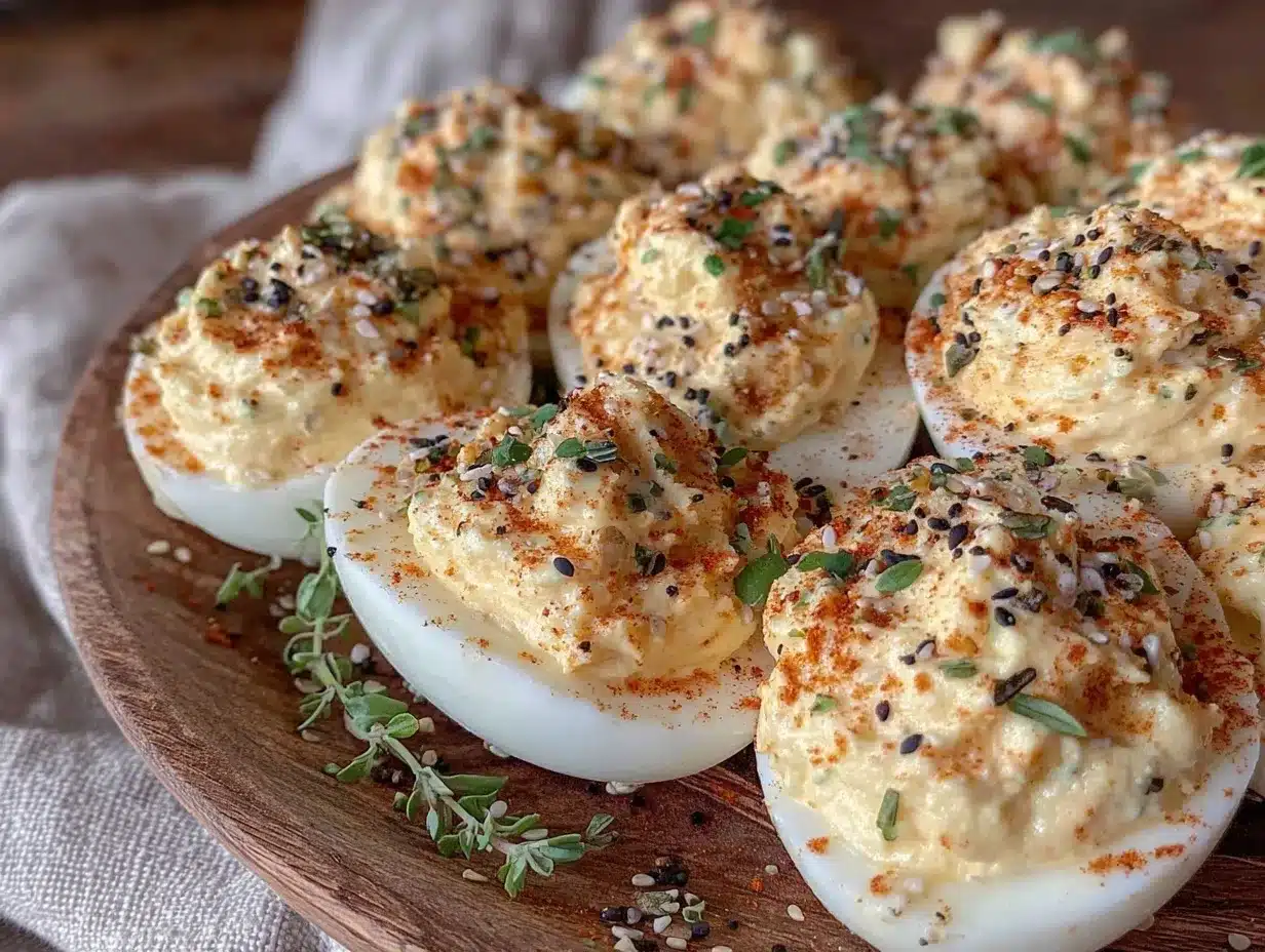 creamy deviled eggs with everything bagel seasoning preparation steps