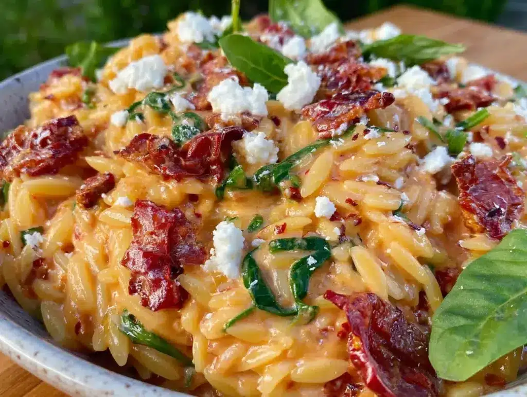 creamy sun-dried tomato and spinach orzo - featured image