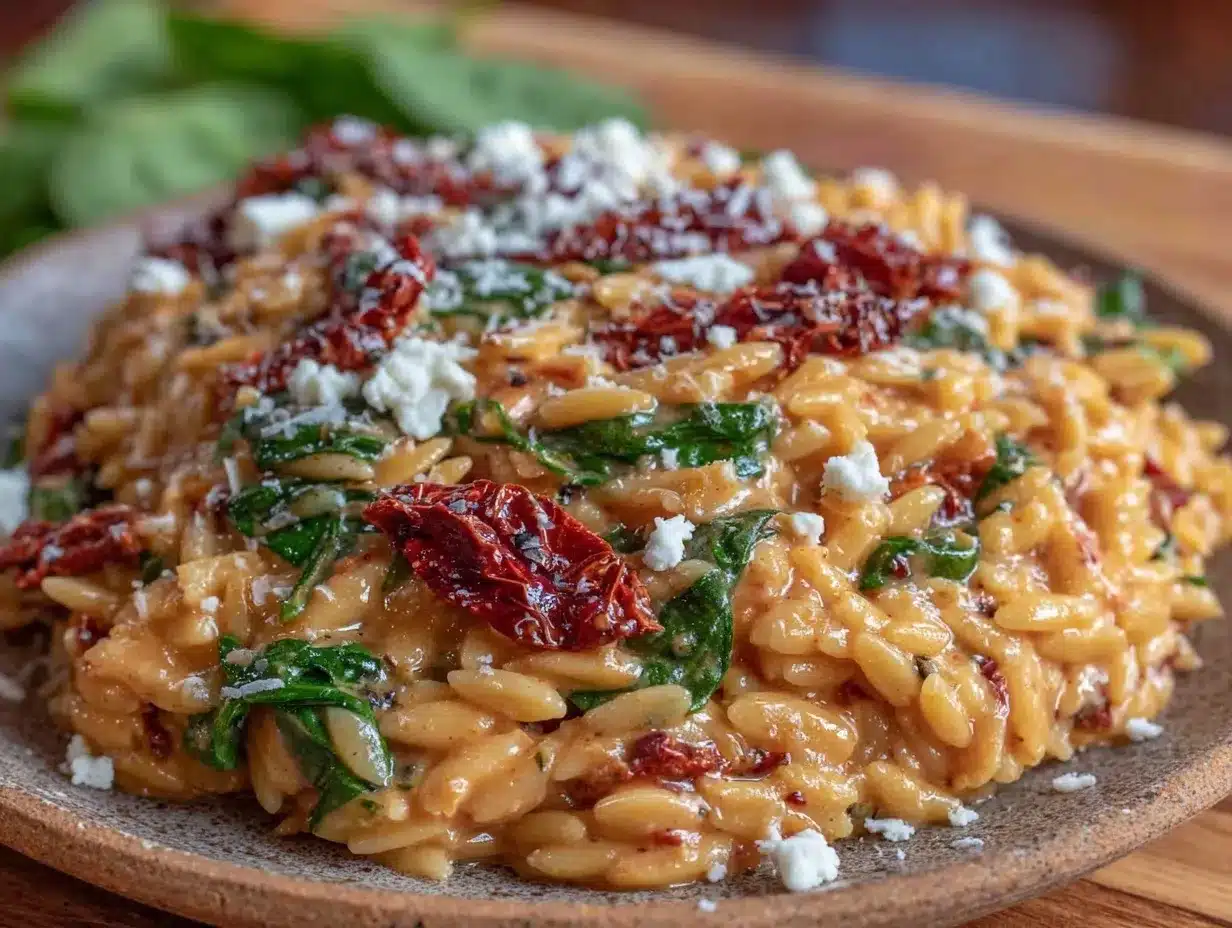 creamy sun-dried tomato and spinach orzo preparation steps