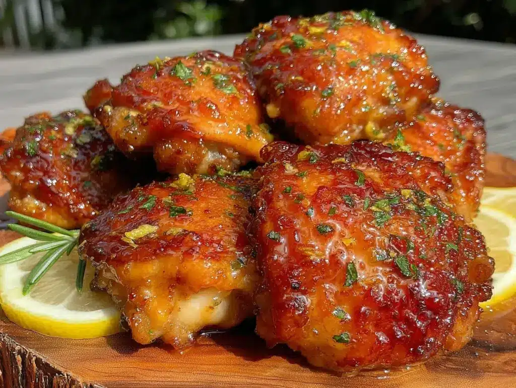 crispy baked honey lemon garlic chicken thighs - featured image
