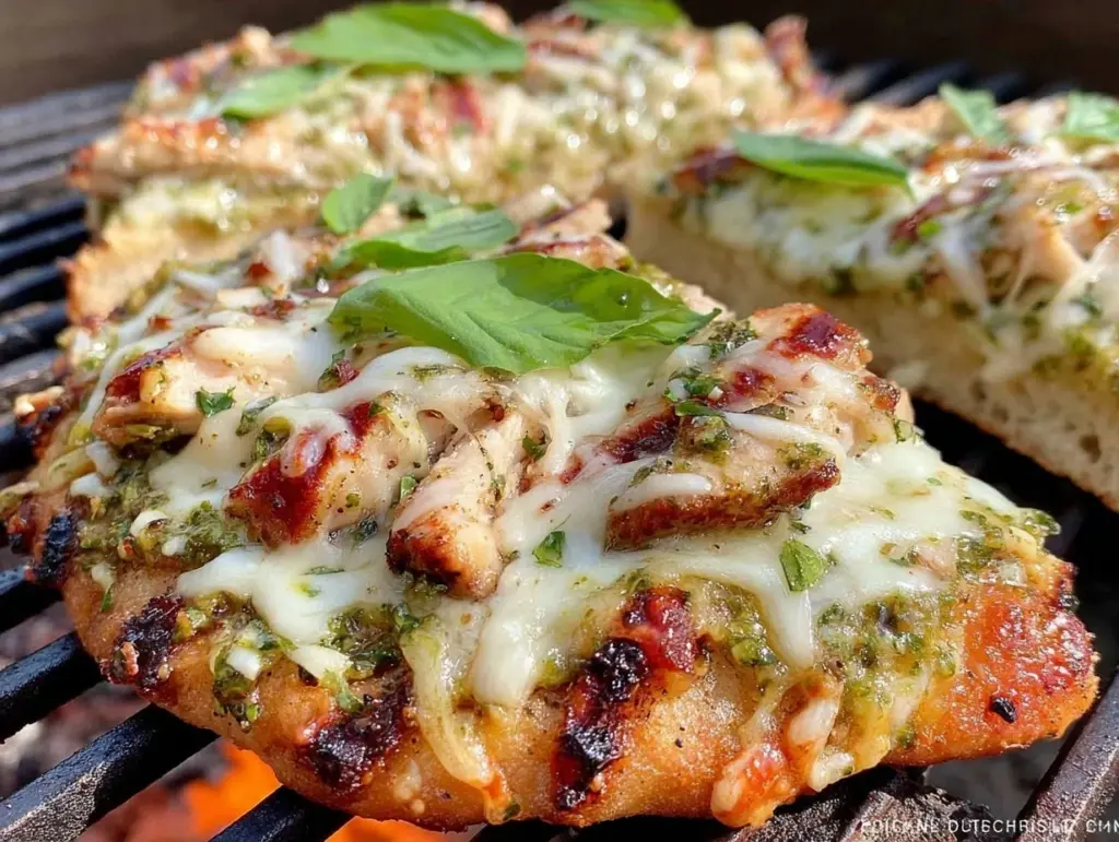 crispy pesto grilled chicken pizza - featured image