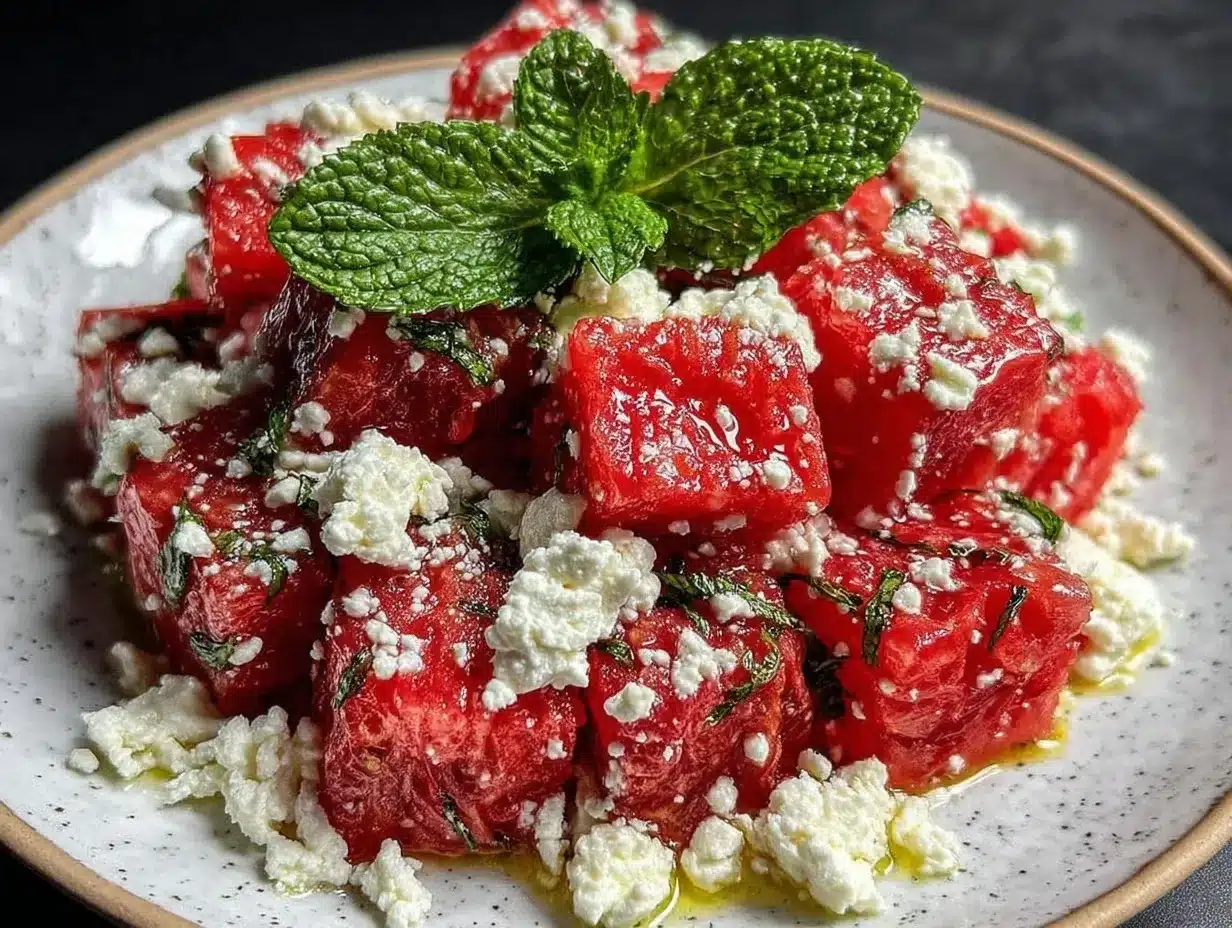 fresh watermelon feta salad with mint preparation steps