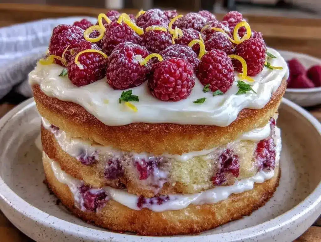 lemon raspberry layer cake - featured image