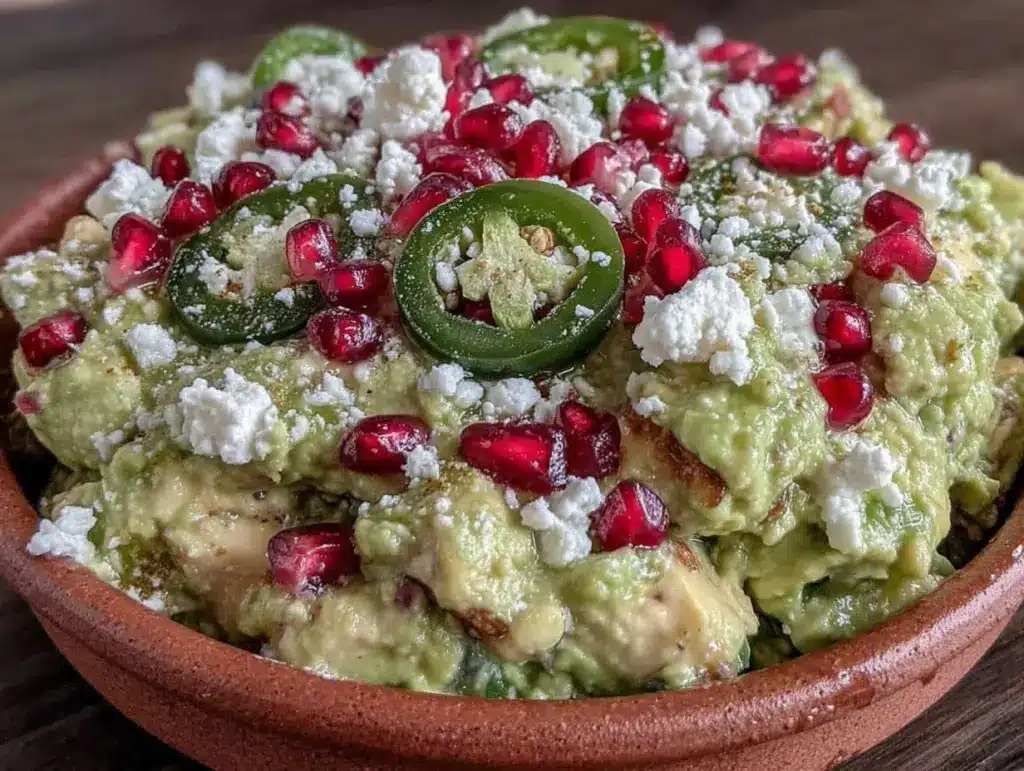 loaded guacamole with pomegranate jalapeno and feta - featured image