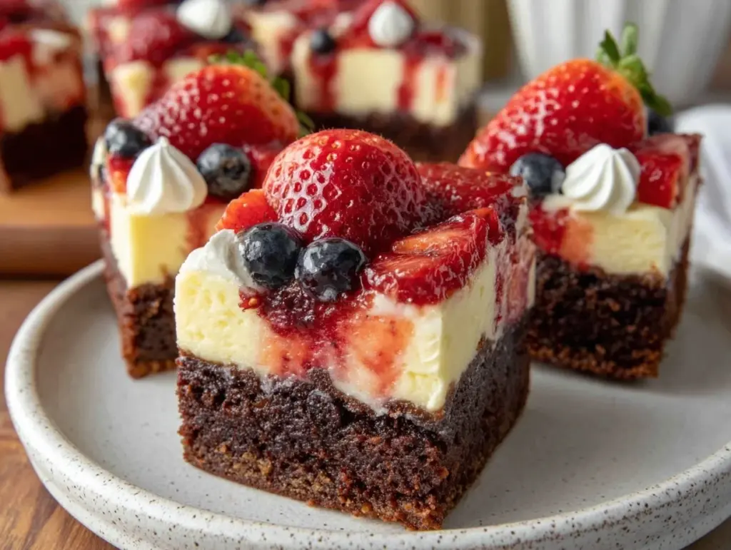 red white and blue berry cheesecake brownie bars - featured image