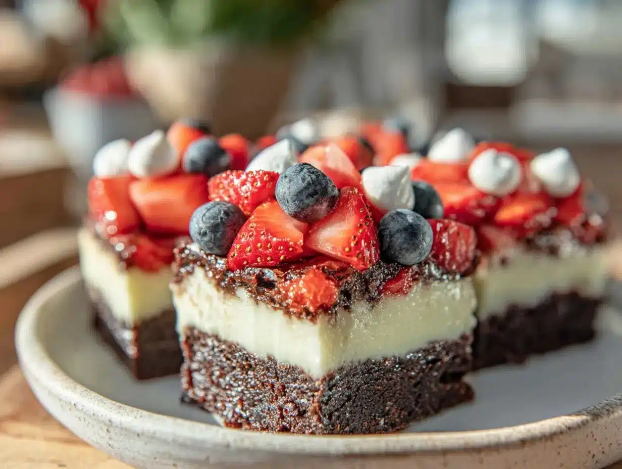 red white and blue berry cheesecake brownie bars preparation steps