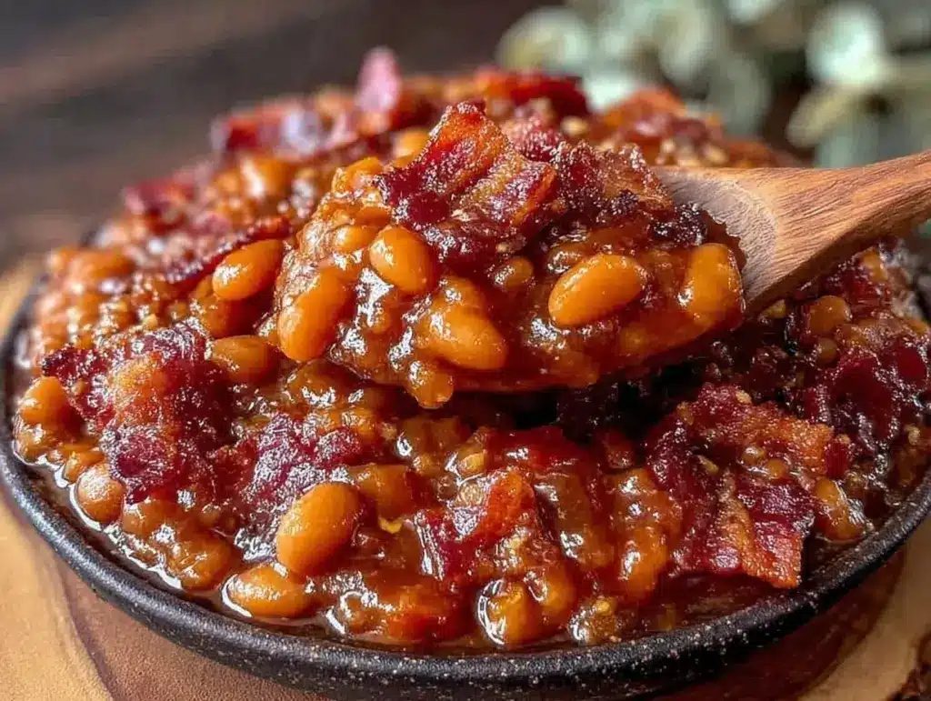 savory baked beans with brown sugar and crispy bacon - featured image