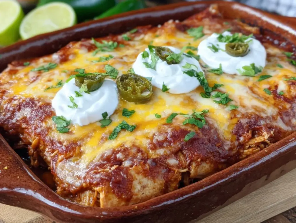 creamy chicken enchilada casserole - featured image