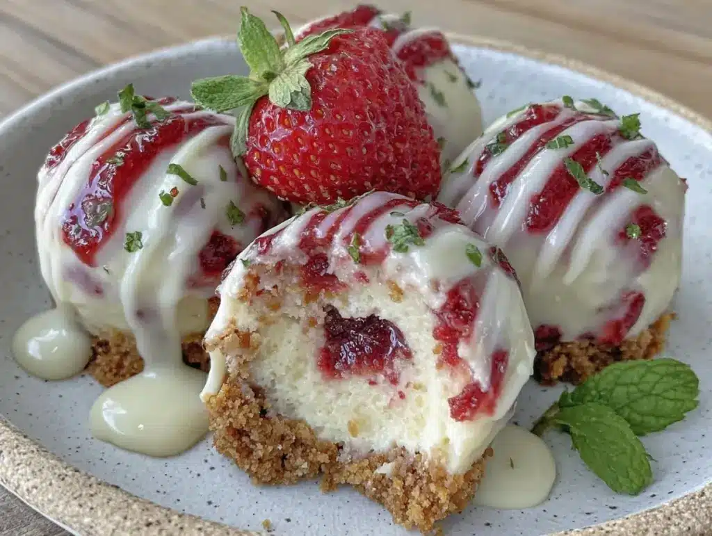 creamy white chocolate strawberry cheesecake bites - featured image