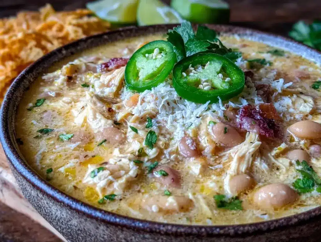 easy creamy summer crockpot white chicken chili - featured image