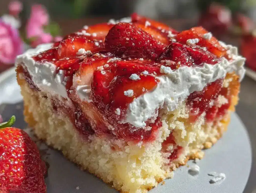 fluffy strawberry shortcake poke cake - featured image