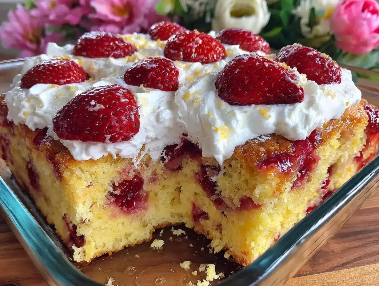 fluffy strawberry shortcake poke cake preparation steps