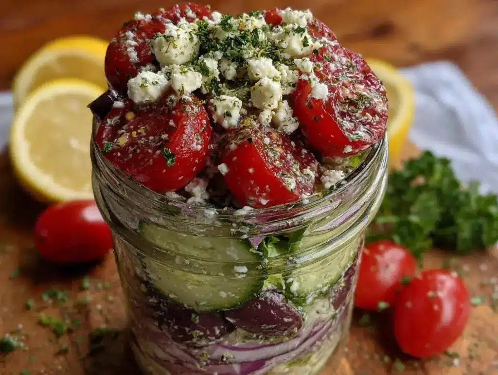 Fresh Mason Jar Layered Greek Salad - featured image