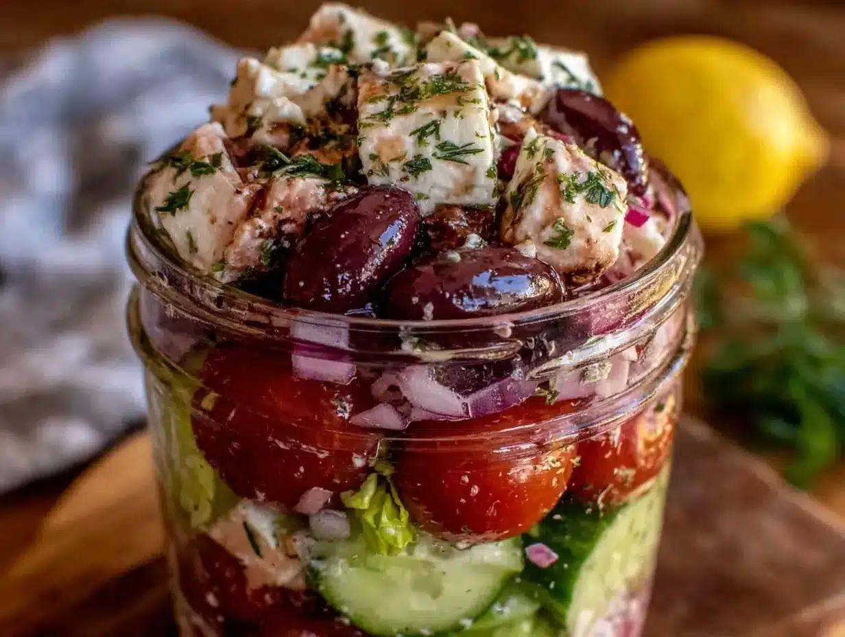 Fresh Mason Jar Layered Greek Salad preparation steps