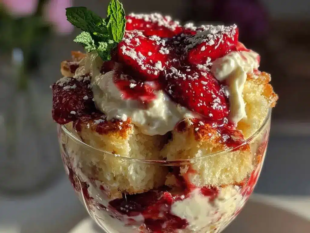 layered strawberry shortcake trifle - featured image