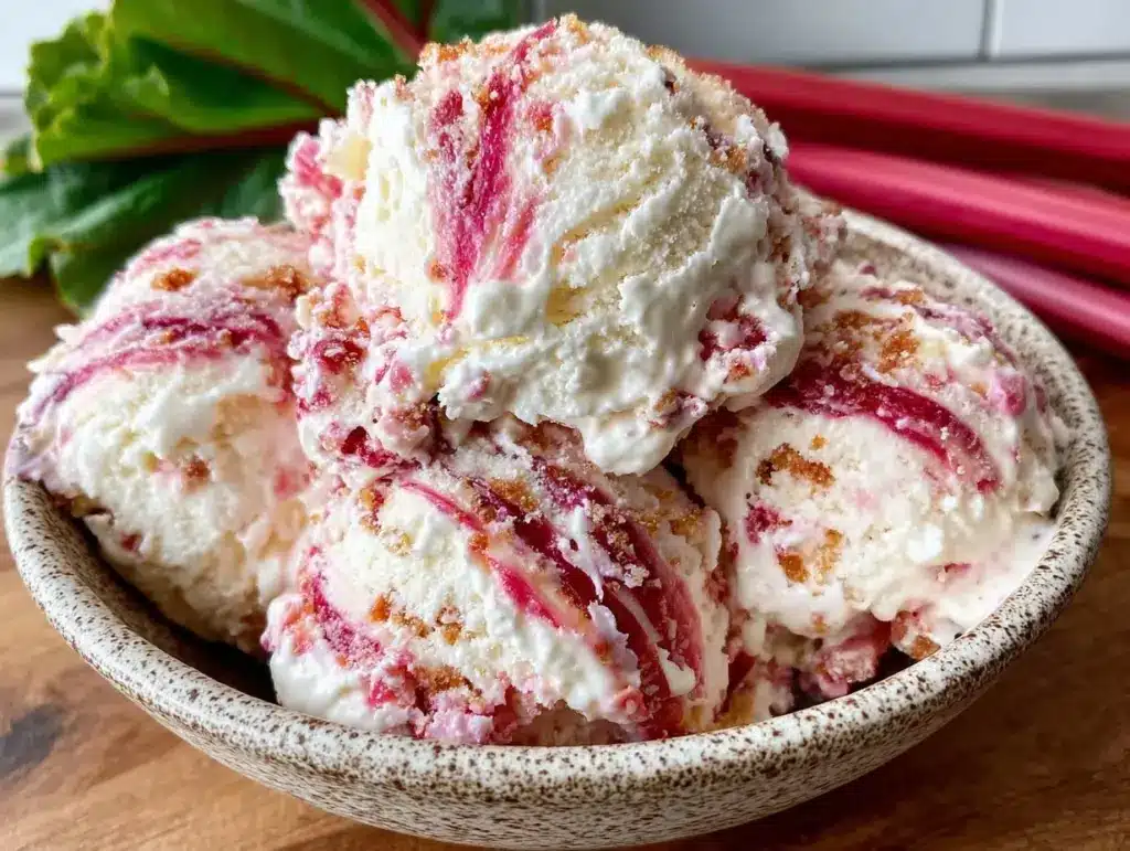 creamy no-churn rhubarb swirl ice cream - featured image