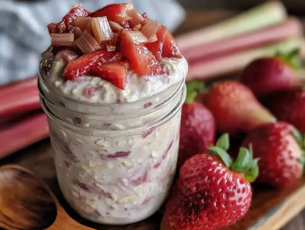 creamy strawberry rhubarb overnight oats - featured image