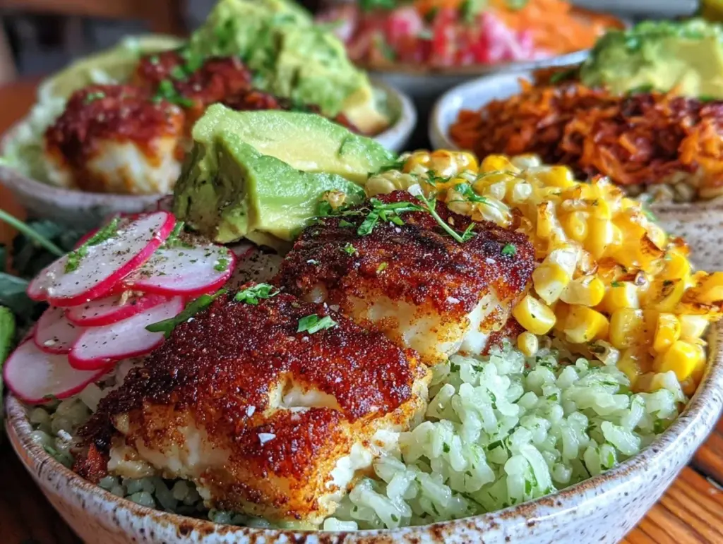 crispy sheet pan fish taco bowls - featured image
