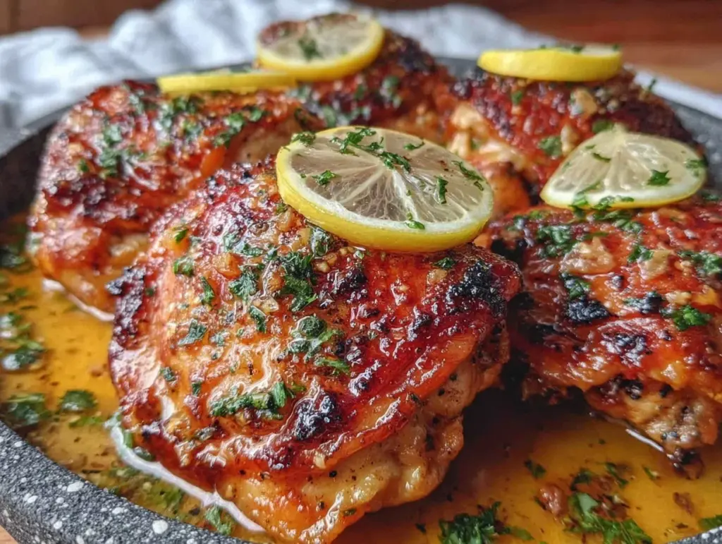 easy crockpot lemon garlic butter chicken thighs - featured image