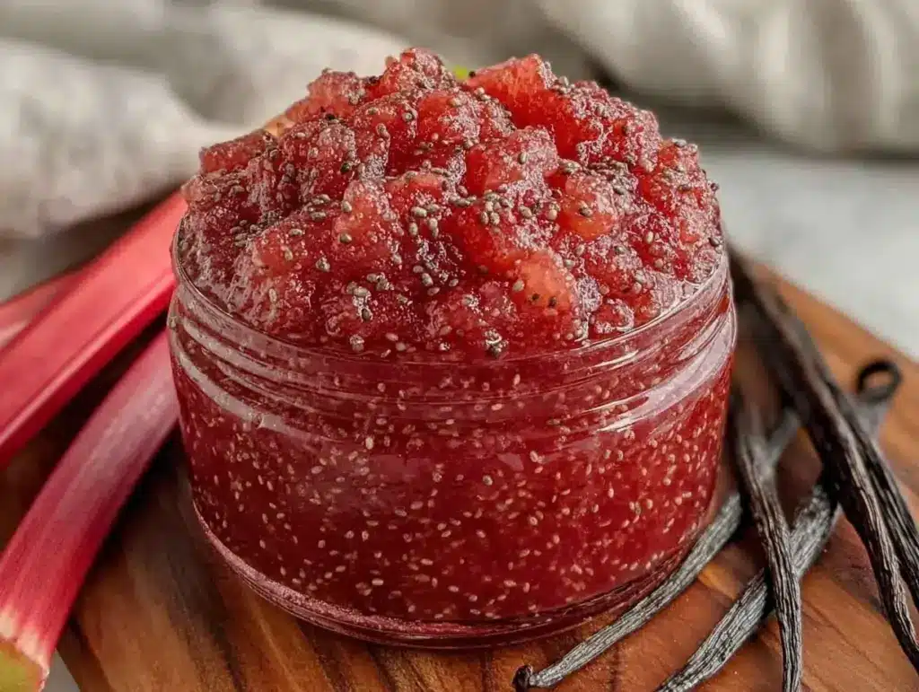easy tangy rhubarb vanilla bean jam - featured image