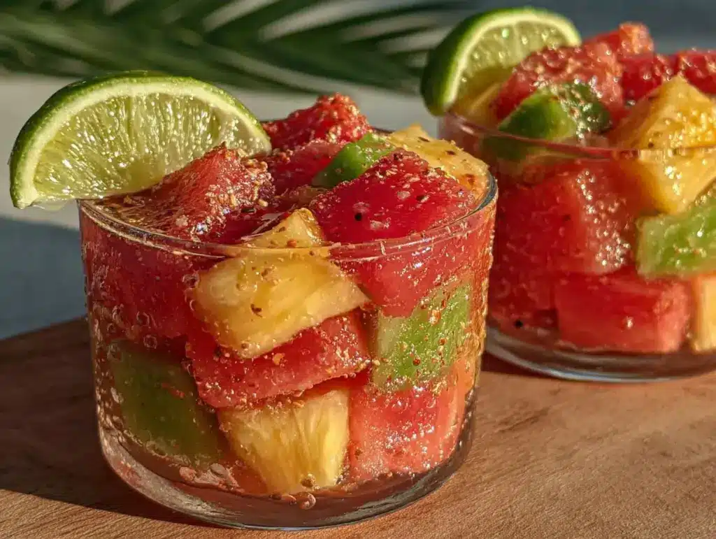fresh tropical fruit cups with tajin and lime - featured image