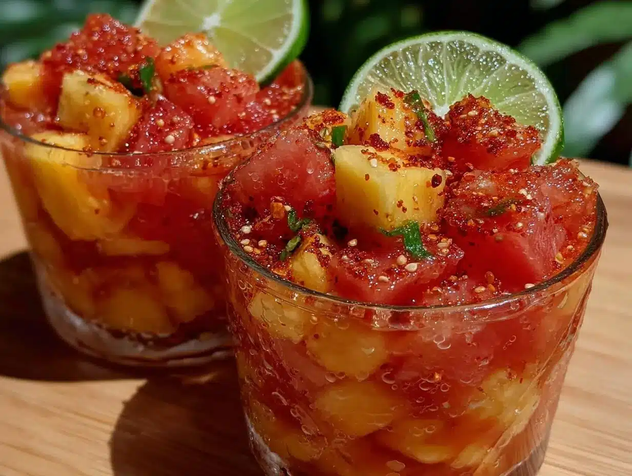 fresh tropical fruit cups with tajin and lime preparation steps