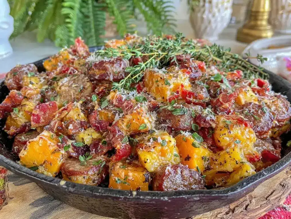one-pan sausage apple sweet potato skillet - featured image