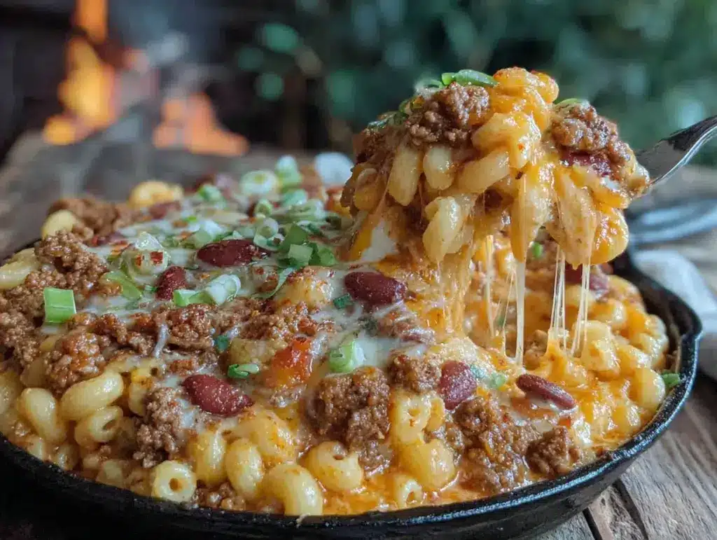 one-pot campfire chili mac and cheese - featured image