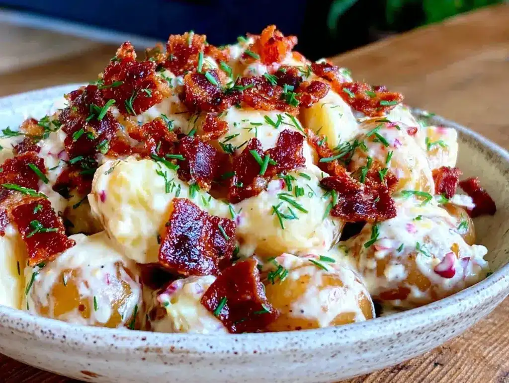 creamy potato salad with bacon and fresh dill - featured image