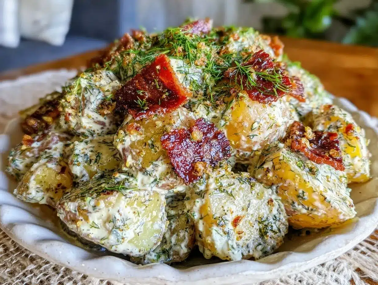 creamy potato salad with bacon and fresh dill preparation steps