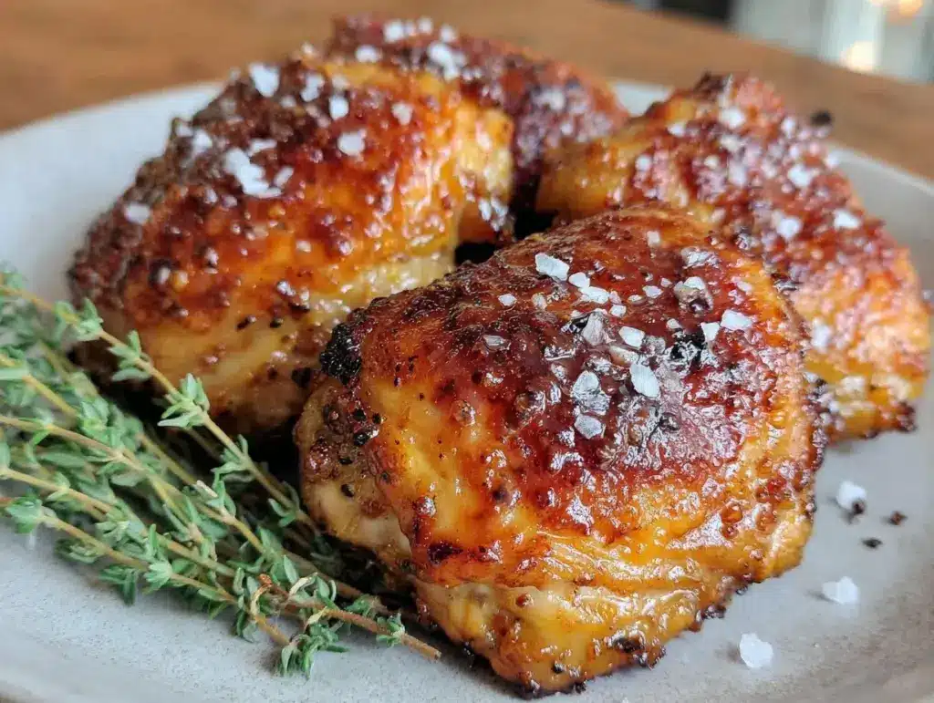 easy crispy honey mustard baked chicken thighs - featured image
