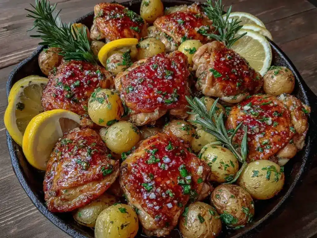 easy crispy one-pan lemon herb chicken and potatoes - featured image