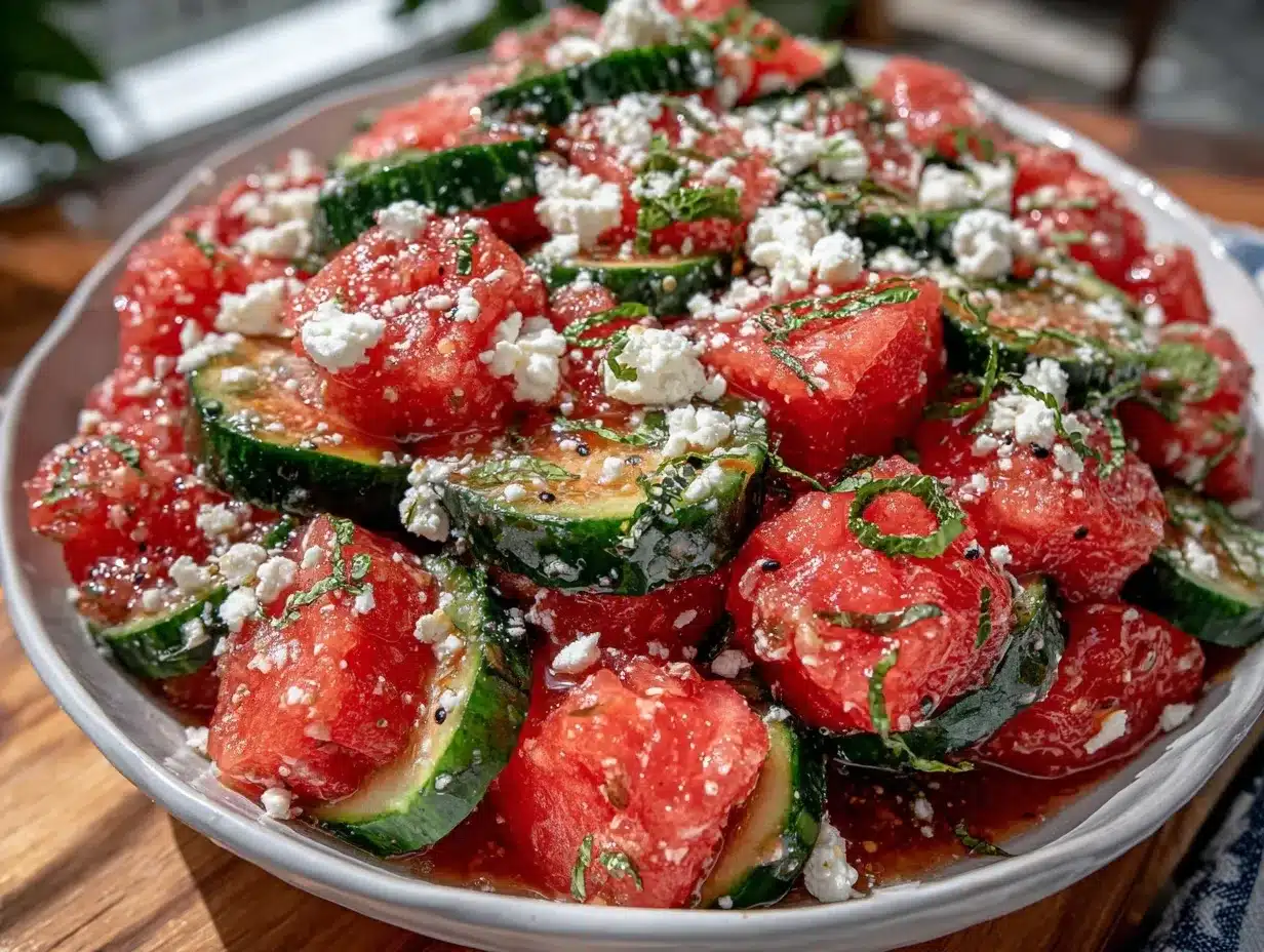 fresh cucumber feta watermelon salad preparation steps