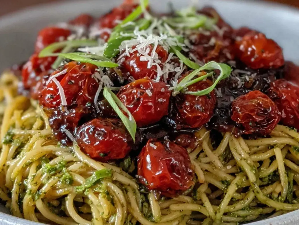 fresh garlic scape pesto pasta - featured image