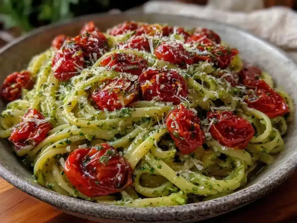 fresh garlic scape pesto pasta - featured image