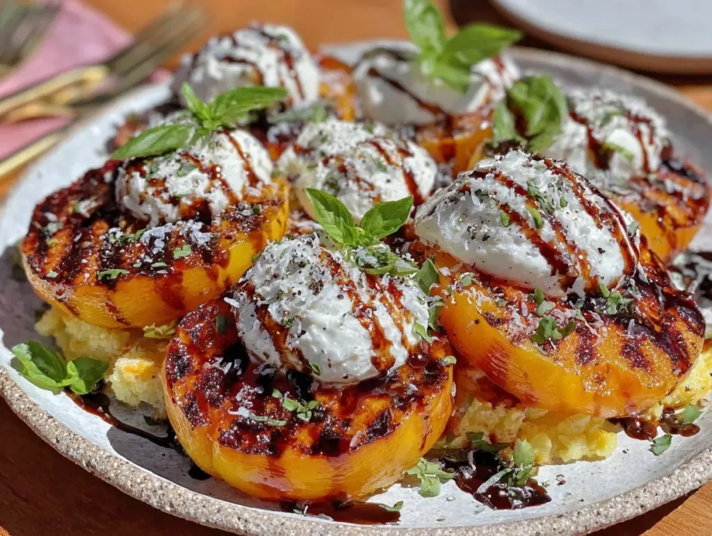 fresh grilled peach and burrata salad - featured image