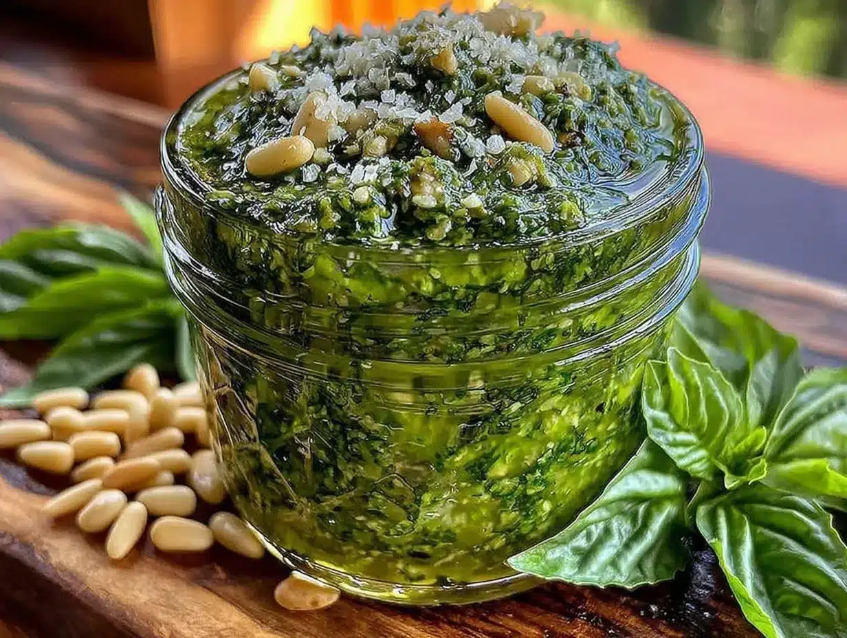 fresh homemade basil pesto preparation steps