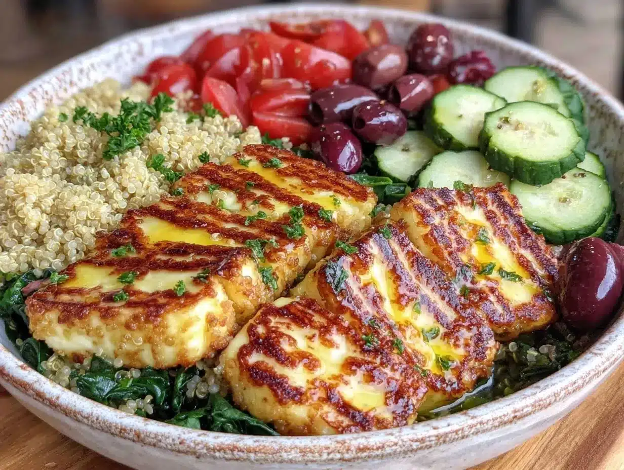 Fresh Mediterranean Quinoa Bowl with Grilled Halloumi preparation steps