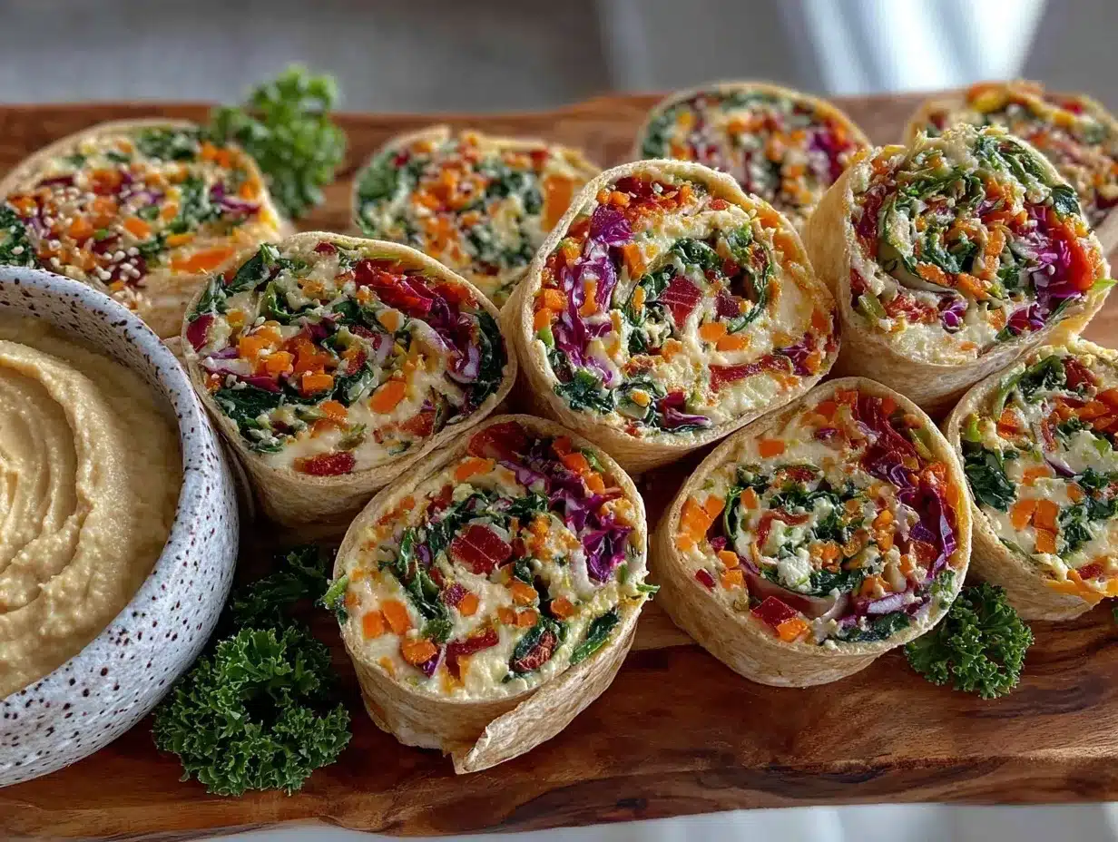 fresh rainbow veggie pinwheel wraps preparation steps